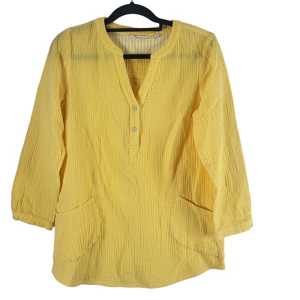 Soft‎ Surroundings Long Sleeve  M Womens Yellow Pop Over V Neck Cotton Coquette